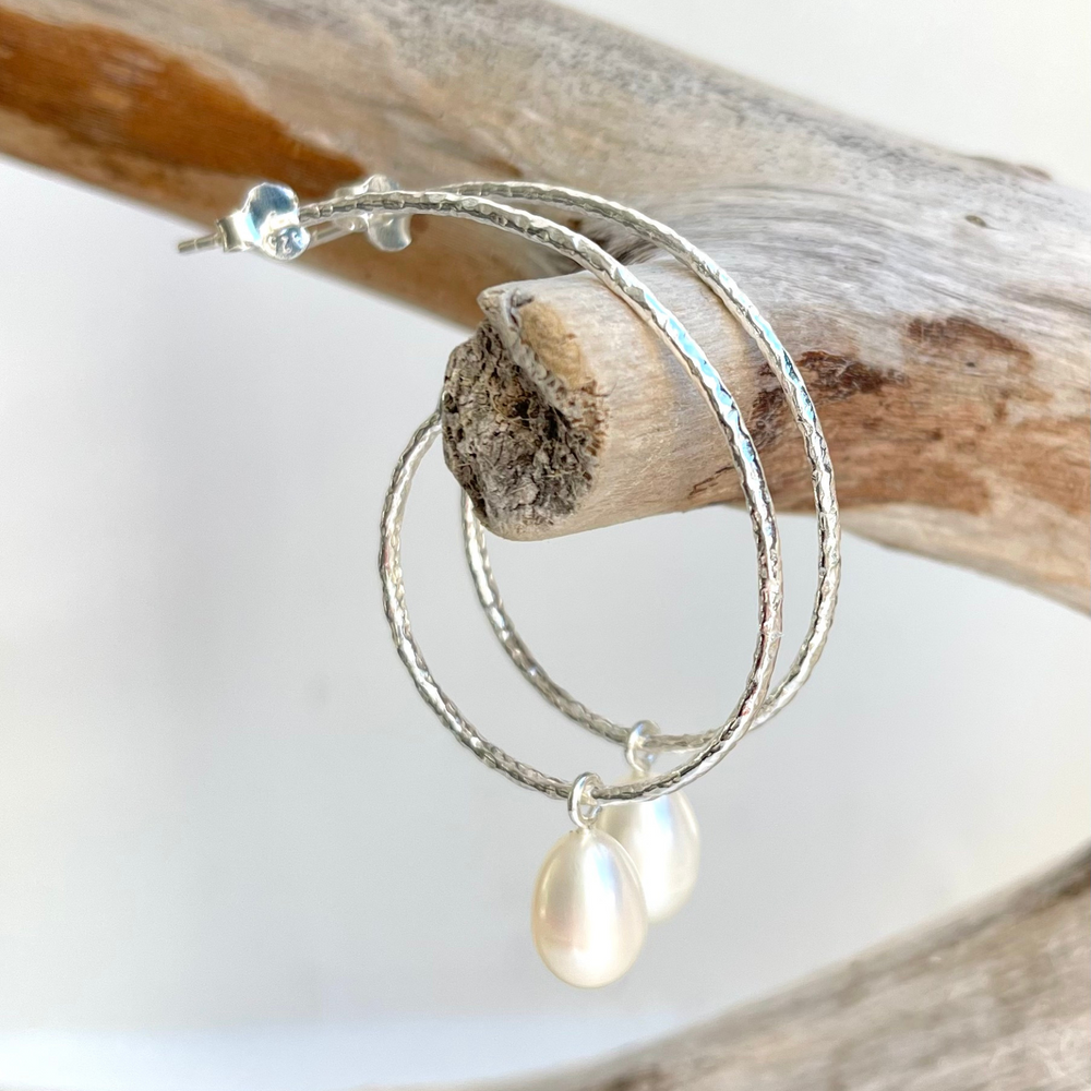 large silver hoops with pearl drops