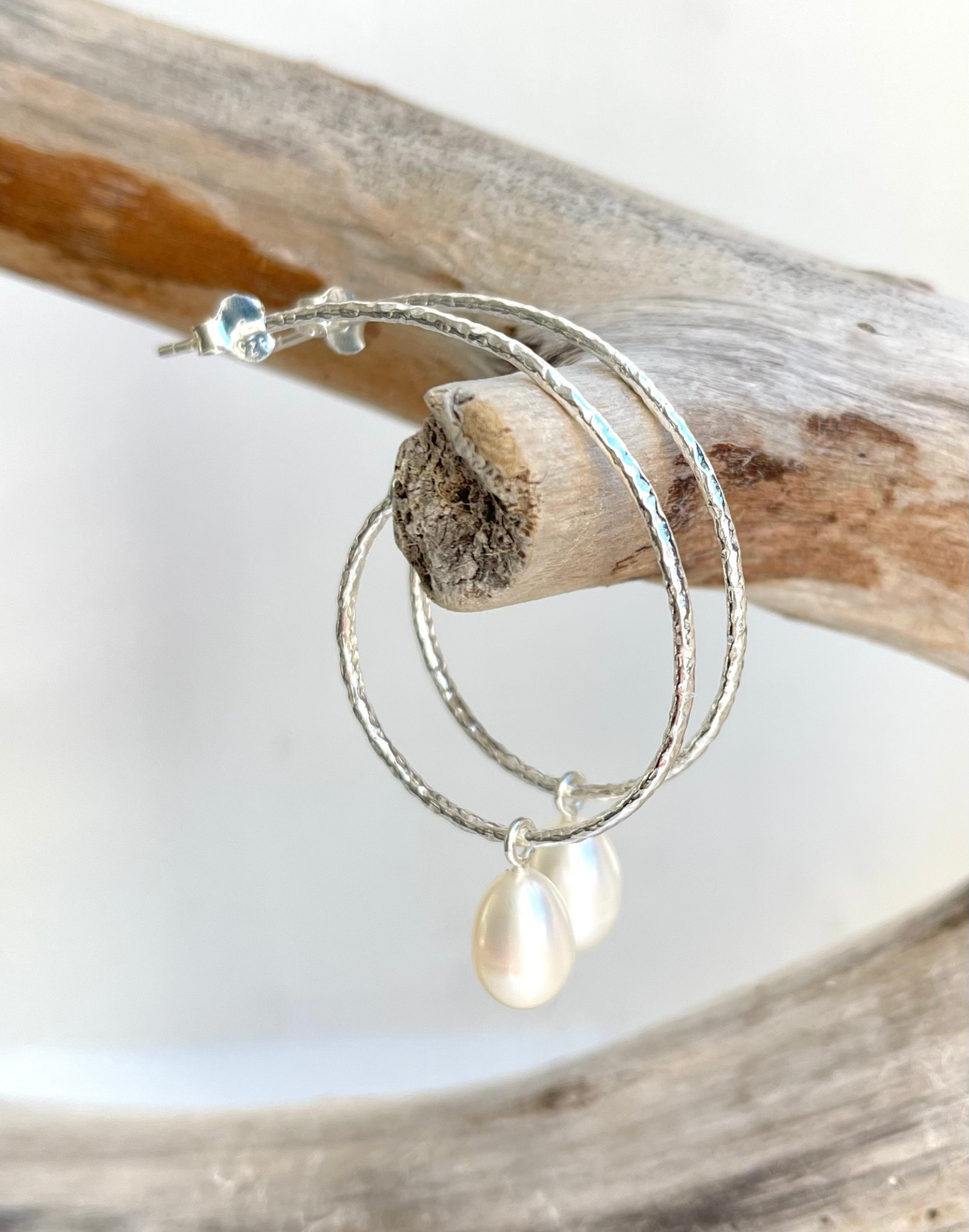 large silver hoops with pearl drops