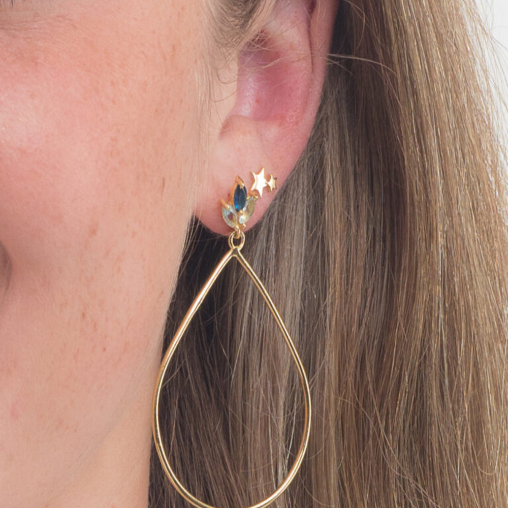 lotus flower blue topaz earrings on model