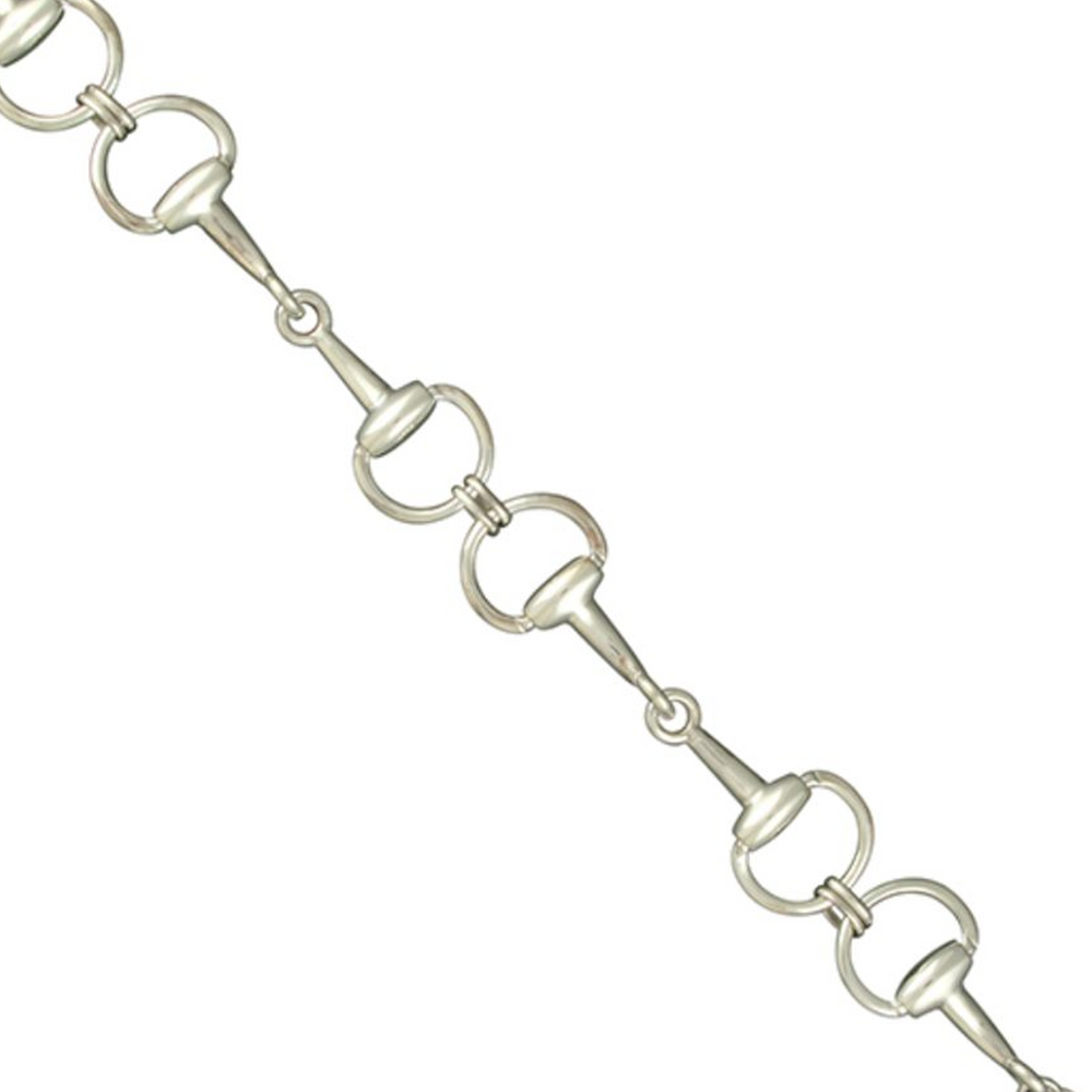 Sterling silver snaffle bracelet on a white background