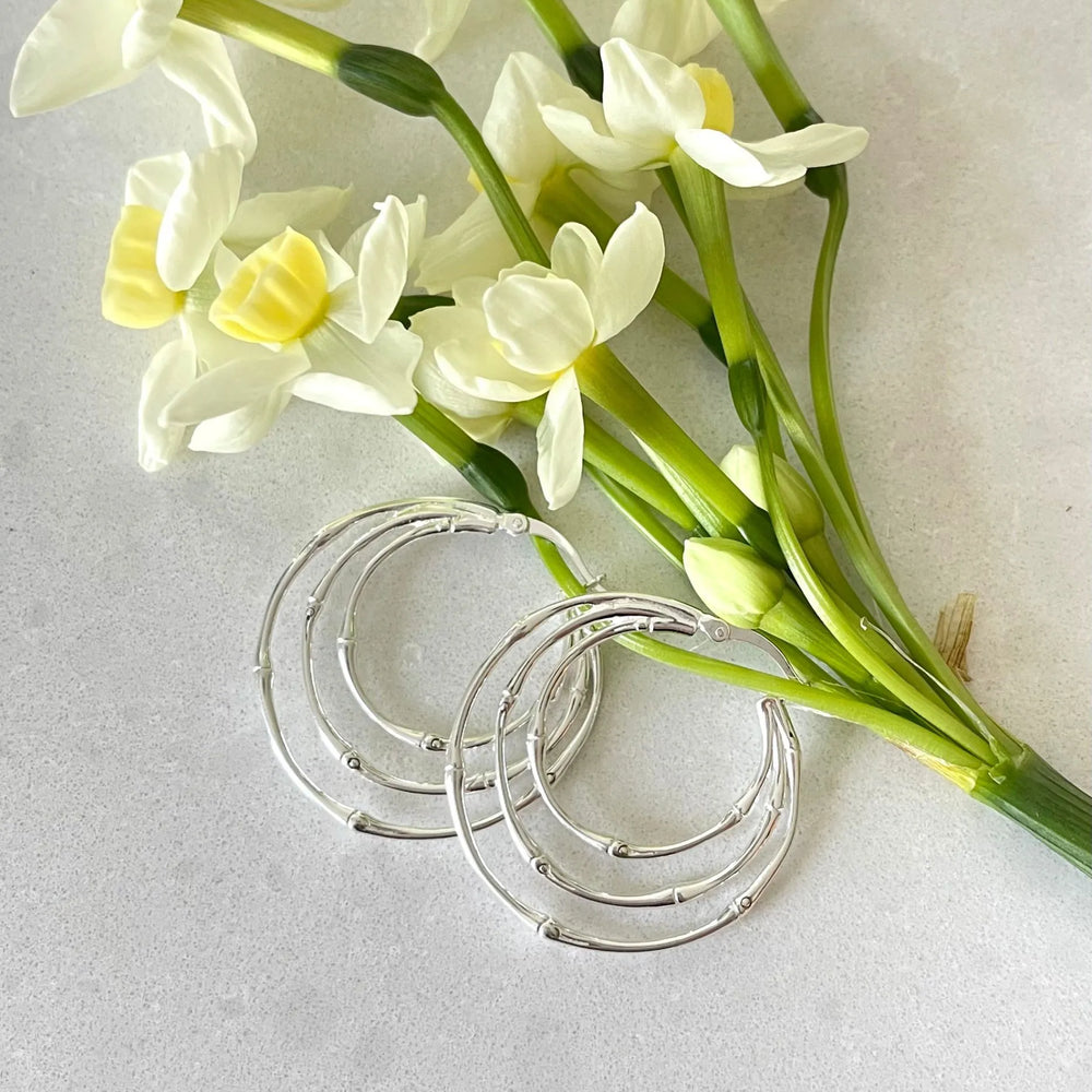 silver multi ring hoop earrings with flower