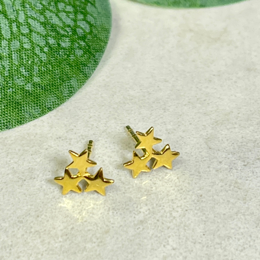 Gold star-shaped earrings on a light gray surface with green leaves in the background