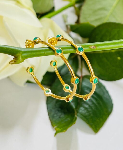 Aphrodite Large Green Gold Hoops - green stones round large gold hoop earrings