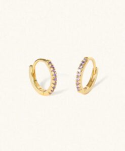 February Birthstone Gold Huggie Earrings with Amethyst Quartz