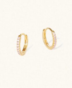 November Birthstone Gold Huggie Earrings with pink tourmaline