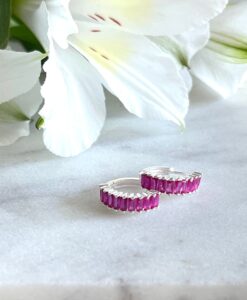 Bright Pink Silver Holiday Huggie Earrings