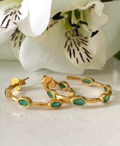 Green onyx gold hoop earrings