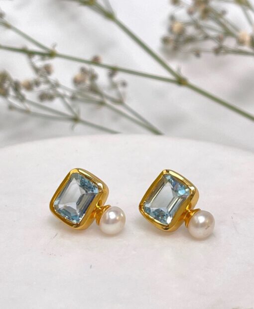 Pearl and Blue Topaz Stud Earrings