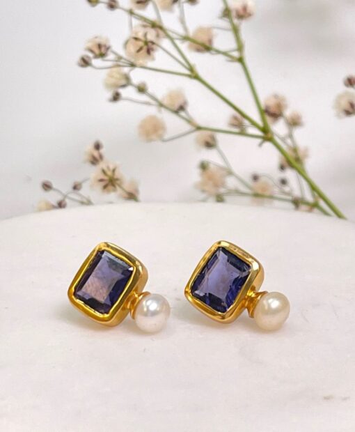 Pearl and Iolite Stud Earrings