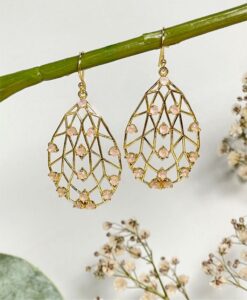 ROSE QUARTZ PEAR DROP EARRINGS HANGING ON A BRANCH