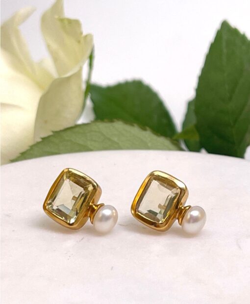 Pearl and Lemon Quartz Stud Earrings