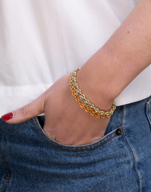 Stack of bright enamel bracelets