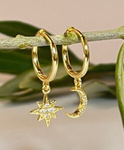 Gold huggie earrings with star and moon